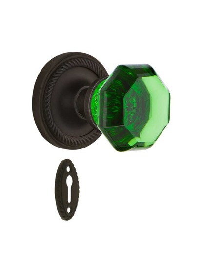 Rope Rosette Mortise Lock Set with Colored Waldorf Crystal Glass Knobs Emerald in Oil-Rubbed Bronze.